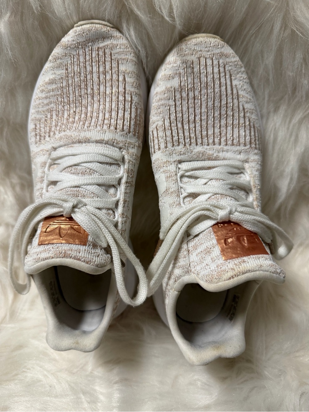 Women's Lightweight Knit Adidas Sneakers - White with Rose Gold Accent